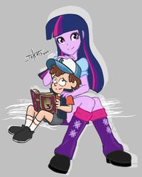 Size: 550x689 | Tagged: safe, artist:tokatl, twilight sparkle, equestria girls, g4, age difference, boyfriend and girlfriend, clothes, crossover, crossover shipping, diplight, dipper pines, female, gravity falls, having a moment, humanized, journal #3, male, petting, shipping, skirt, straight