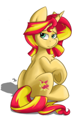 Size: 751x1084 | Tagged: safe, artist:luximus17, sunset shimmer, pony, unicorn, g4, chest fluff, female, looking at you, looking back, looking back at you, mare, rear view, simple background, sitting, solo, transparent background