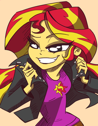 Size: 815x1045 | Tagged: safe, artist:lunchie, artist:varemia, sunset shimmer, human, equestria girls, g4, my little pony equestria girls: rainbow rocks, clothes, colored, female, grin, jacket, leather jacket, shirt, skirt, smiling, solo, swag, trace