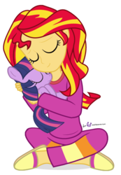 Size: 360x520 | Tagged: safe, artist:dm29, sunset shimmer, twilight sparkle, pony, unicorn, equestria girls, g4, my little pony equestria girls: rainbow rocks, clothes, crossed legs, cuddling, cute, duo, eyes closed, female, filly, filly twilight sparkle, holding a pony, julian yeo is trying to murder us, lying down, mama sunset, on back, pajamas, pony pet, shimmerbetes, simple background, sitting, slippers, smiling, snuggling, square crossover, transparent background, unicorn twilight, younger