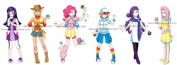 Size: 1410x518 | Tagged: safe, artist:hapuriainen, applejack, fluttershy, pinkie pie, rainbow dash, rarity, twilight sparkle, human, g4, crossover, dusk ball, fast ball, friend ball, heal ball, humanized, luxury ball, mane six, poké ball, pokémon, safari ball