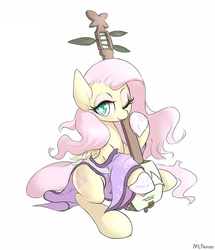 Size: 500x581 | Tagged: safe, artist:mlpanon, fluttershy, pegasus, pony, g4, clothes, cute, female, kimono (clothing), mare, mlpgdraws, musical instrument, shamisen, shyabetes, simple background, solo, white background, wink