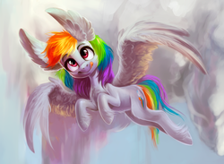 Size: 1366x1000 | Tagged: safe, artist:locksto, edit, rainbow dash, pegasus, pony, g4, cloud, female, flying, hoof fluff, impossibly large ears, looking at you, mare, silly, silly pony, sky, smiling, solo, tongue out, unshorn fetlocks