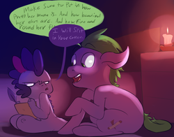 Size: 1280x1006 | Tagged: safe, artist:imsokyo, spike, twilight sparkle, dragon, earth pony, pony, daily life of spike, g4, candle, colt, dialogue, dragonified, duo, female, floppy ears, implied rarity, male, open mouth, ponified, ponified spike, raised hoof, role reversal, sitting, species swap, tumblr, twilidragon