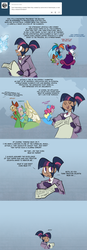 Size: 900x2594 | Tagged: safe, artist:egophiliac, applejack, fluttershy, pinkie pie, rainbow dash, rarity, spike, twilight sparkle, robot, steamquestria, g4, artificial intelligence, ask, blue background, comic, crystal, dialogue, humanized, mane six, simple background, steampunk, tumblr