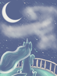 Size: 1200x1600 | Tagged: safe, artist:causticeichor, princess luna, g4, balcony, both cutie marks, crescent moon, female, limited palette, moon, night, sitting, solo, stars
