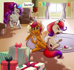Size: 3171x3008 | Tagged: safe, artist:comikazia, oc, oc only, earth pony, pegasus, pony, unicorn, balloon, birthday party, broken dish, butt to butt, butt touch, cake, high res, magic, party, present, sneezing