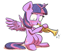 Size: 1280x1053 | Tagged: safe, artist:nobody, twilight sparkle, alicorn, pony, g4, blowing, female, mare, mlpgdraws, musical instrument, sitting, struggling, trumpet, twilight sparkle (alicorn)