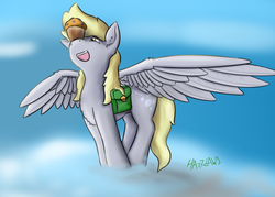 Size: 1008x720 | Tagged: safe, artist:hazzdawg, derpy hooves, pegasus, pony, g4, :d, cloud, cloudy, female, mare, muffin, saddle bag, smiling, solo, spread wings