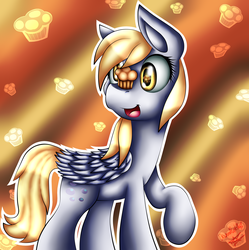 Size: 3599x3617 | Tagged: safe, artist:brownandpurpleblur1, derpy hooves, pegasus, pony, g4, female, high res, mare, muffin, raised hoof, smiling, solo