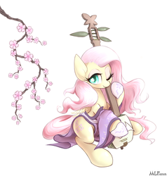 Size: 1644x1724 | Tagged: dead source, safe, artist:mlpanon, fluttershy, pegasus, pony, g4, cherry blossoms, clothes, cute, female, flower, kimono (clothing), mare, musical instrument, shamisen, shyabetes, simple background, solo, white background, wingding eyes, wink