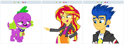 Size: 1500x542 | Tagged: safe, artist:paulysentry, artist:ponyalfonso, artist:tyto-ovo, flash sentry, spike, sunset shimmer, dog, derpibooru, equestria girls, g4, bedroom eyes, cute, exploitable meme, female, jealous, juxtaposition, juxtaposition win, love, love triangle, male, meme, meta, pointing, ship:sunsetspike, shipping, simple background, spike the dog, spikelove, straight, vector, waifu, waifu thief, white background