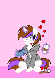 Size: 2478x3488 | Tagged: safe, oc, oc only, oc:pixel kiss, pony, unicorn, clothes, female, gamer, high res, hoodie, mare, wink