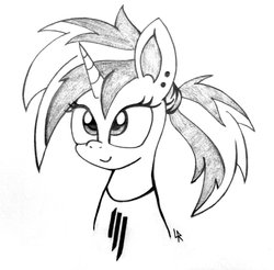 Size: 901x886 | Tagged: safe, artist:dubstepbrony4life, dj pon-3, vinyl scratch, g4, clothes, cute, monochrome, ponytail, shirt, skrillex, smiling, traditional art