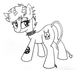 Size: 932x857 | Tagged: safe, artist:dubstepbrony4life, oc, oc only, demon pony, pony, butt, grayscale, lineart, monochrome, pentagram, plot, satanism, simple background, solo, traditional art, white background