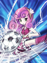 Size: 720x960 | Tagged: safe, artist:lumineko, sweetie belle, equestria girls, g4, badass, female, football, kick, solo