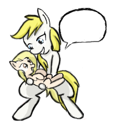 Size: 256x285 | Tagged: safe, artist:woox, oc, oc only, oc:aryanne, oc:dizzy cream, bad end, exploitable, female, flockmod, foal, holding, looking down, mother, speech bubble