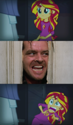 Size: 764x1312 | Tagged: safe, sunset shimmer, equestria girls, g4, my little pony equestria girls: rainbow rocks, exploitable meme, here's johnny, jack nicholson, jack torrance, meme, sunset screamer, the shining