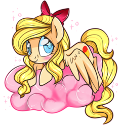 Size: 749x785 | Tagged: safe, artist:suzuii, pegasus, pony, aino minako, blushing, bow, cloud, cute, looking at you, ponified, prone, sailor venus, simple background, smiling, solo, sparkles, spread wings, transparent background, weapons-grade cute