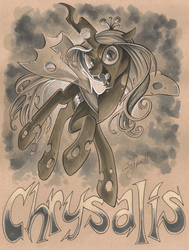Size: 1780x2360 | Tagged: safe, artist:andy price, queen chrysalis, changeling, changeling queen, g4, fangs, female, grayscale, looking at you, monochrome, open mouth, solo, tongue out, traditional art