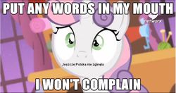 Size: 867x458 | Tagged: safe, edit, edited screencap, screencap, sweetie belle, for whom the sweetie belle toils, g4, animation error, female, hub logo, image macro, mazurek dąbrowskiego, meme, mouthpiece, no mouth, parody, poland has not yet perished, polish, solo