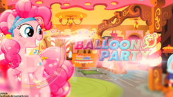 Size: 1920x1080 | Tagged: safe, artist:firestorm-can, artist:illumnious, artist:pirill, pinkie pie, earth pony, pony, balloon party, g4, crystallized, female, headband, lens flare, lobby, mare, solo, sugarcube corner, vector, wallpaper