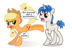 Size: 3000x2000 | Tagged: safe, artist:daringdashie, applejack, oc, earth pony, pony, unicorn, g4, blank flank, bucking, duo, female, high res, mare, simple background, transparent background