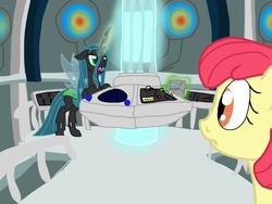 Size: 1024x768 | Tagged: safe, artist:biosonic100, apple bloom, queen chrysalis, g4, doctor who, glowing horn, horn, tardis