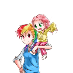 Size: 1000x1000 | Tagged: safe, artist:luciferamon, fluttershy, rainbow dash, human, g4, clothes, cute, humanized, shoulder ride, sweater, sweatershy, younger