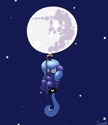 Size: 1300x1500 | Tagged: safe, artist:ramott, princess luna, alicorn, pony, g4, balloon, cute, female, filly, floppy ears, lunabetes, mare in the moon, moon, night, princess loonya, scared, solo, stars, woona