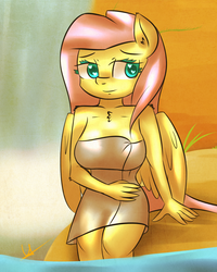 Size: 1024x1280 | Tagged: safe, artist:wolfy-pony, fluttershy, anthro, g4, female, naked towel, solo, towel