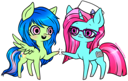 Size: 1329x838 | Tagged: safe, artist:ponymonster, oc, oc only, oc:pixel perfect, oc:sea blossom, pegasus, pony, unicorn, glasses, hoofbump, simple background, transparent background