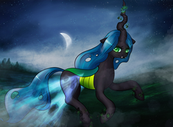 Size: 1362x1000 | Tagged: dead source, safe, artist:zilvtree, queen chrysalis, changeling, changeling queen, g4, crescent moon, fangs, female, looking at you, moon, night, smiling, solo, stars
