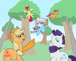 Size: 904x732 | Tagged: safe, artist:bibliodragon, apple bloom, applejack, rainbow dash, rarity, scootaloo, sweetie belle, g4, cutie mark crusaders, tightrope