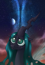 Size: 700x1000 | Tagged: dead source, safe, artist:zilvtree, queen chrysalis, changeling, changeling queen, g4, crying, female, floppy ears, moon, smiling, solo, space, stars
