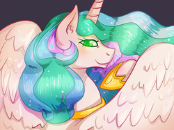 Size: 1000x750 | Tagged: dead source, safe, artist:zilvtree, princess celestia, queen chrysalis, g4, bedroom eyes, disguise, female, glowing eyes, looking at you, looking back, smiling, smirk, solo, spread wings