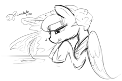 Size: 1280x843 | Tagged: safe, artist:darkflame75, princess luna, lunadoodle, g4, drawing, female, levitation, magic, monochrome, quill, sketch, solo, telekinesis, tongue out