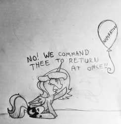 Size: 867x888 | Tagged: safe, artist:breadcipher, princess luna, lunadoodle, g4, balloon, crying, cute, dialogue, female, filly, floppy ears, monochrome, princess loonya, s1 luna, sketch, solo, traditional art, traditional royal canterlot voice, woona