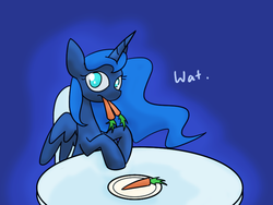 Size: 800x600 | Tagged: safe, artist:karlaandbliss, princess luna, lunadoodle, g4, carrot, dialogue, eating, female, herbivore, horses doing horse things, looking at you, plate, seat, sitting, solo, table