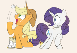 Size: 1167x801 | Tagged: safe, artist:lance, applejack, rarity, earth pony, pony, unicorn, g4, duo, eating, female, lesbian, marshmallow, open mouth, raised hoof, rarity is a marshmallow, ship:rarijack, shipping, sitting, toss