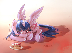 Size: 1179x862 | Tagged: safe, artist:my-magic-dream, twilight sparkle, alicorn, pony, g4, cake, female, lying, mare, solo, twilight sparkle (alicorn)