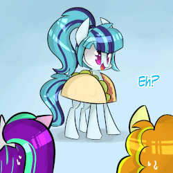 Size: 1280x1280 | Tagged: safe, artist:jankrys00, adagio dazzle, aria blaze, sonata dusk, earth pony, pony, equestria girls, rainbow rocks, animated, blue background, clothes, colored pupils, costume, cute, eh, equestria girls ponified, female, food, food costume, gradient background, heart, literal sonataco, mare, open mouth, ponified, simple background, smiling, solo focus, sonatabetes, sonataco, starry eyes, sweat, sweatdrop, taco, taco suit, the dazzlings, wingding eyes