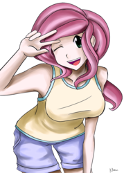 Size: 750x1050 | Tagged: safe, artist:kprovido, fluttershy, human, g4, armpits, breasts, busty fluttershy, cute, female, humanized, solo