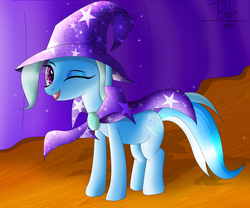 Size: 2400x2000 | Tagged: safe, artist:mrbrunoh1, trixie, pony, unicorn, g4, female, high res, mare, one eye closed, smiling, solo, stage, wink