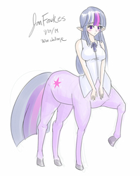 Size: 796x1000 | Tagged: safe, artist:jonfawkes, twilight sparkle, centaur, g4, 30 minute art challenge, blushing, clothes, cute, elf ears, looking at you, raised hoof, shirt, simple background, white background