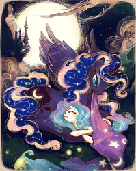 Size: 700x880 | Tagged: safe, artist:chio-kami, princess celestia, princess luna, g4, age regression, blanket, canterlot, duo, female, maternaluna, moon, night, prone, royal sisters, siblings, sisters, tucking in, younger
