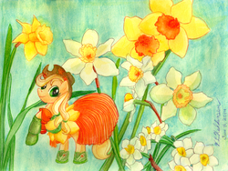 Size: 3541x2667 | Tagged: safe, artist:kelseyleah, applejack, earth pony, pony, g4, clothes, dress, female, flower, high res, mare, solo, traditional art