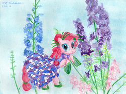 Size: 3563x2667 | Tagged: safe, artist:kelseyleah, pinkie pie, earth pony, pony, g4, clothes, dress, female, flower, high res, mare, solo, traditional art