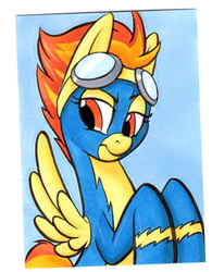 Size: 286x366 | Tagged: safe, artist:retrostarling, spitfire, pegasus, pony, g4, female, goggles, looking down, simple background, solo, spread wings, traditional art, wings, wonderbolts uniform