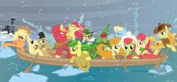 Size: 8000x3750 | Tagged: safe, artist:cheshiretwilight, apple bloom, apple bumpkin, apple cider (g4), apple fritter, apple strudel, applejack, big macintosh, braeburn, caramel apple, golden delicious, peachy sweet, red delicious, earth pony, pony, g4, absurd resolution, american revolution, apple family, apple family member, background pony, boat, crossing the delaware, female, filly, ice, male, mare, parody, rowing, stallion